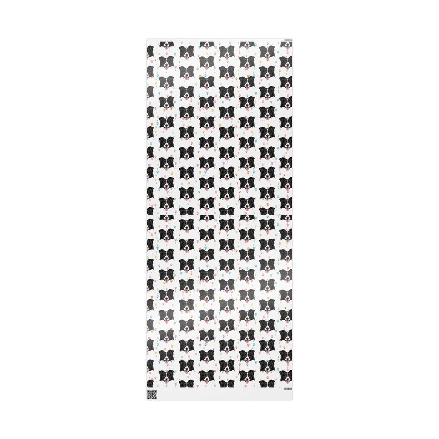 Black and white dog patterned wrapping paper sheet uncureled on a white background