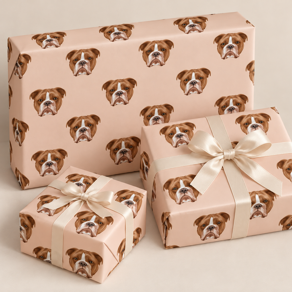 repeating brown and white dog face on light pink background with light pink bows on light grey background