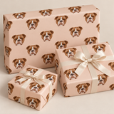 repeating brown and white dog face on light pink background with light pink bows on light grey background