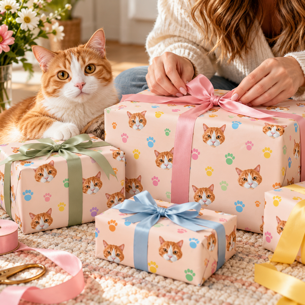 Three wrapped gift boxes with cat-themed wrapping paper and ribbons are arranged on a rug, with a person tying the largest box's bow and an orange-and-white cat sitting beside them.