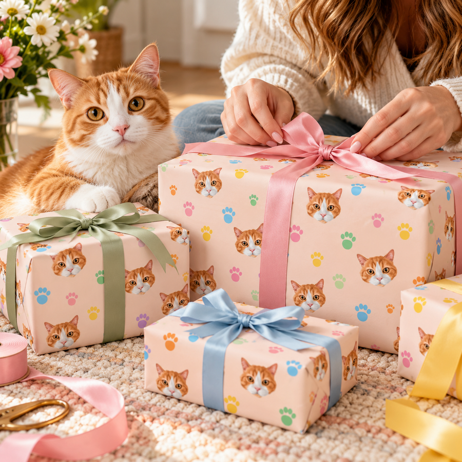 Three wrapped gift boxes with cat-themed wrapping paper and ribbons are arranged on a rug, with a person tying the largest box's bow and an orange-and-white cat sitting beside them.