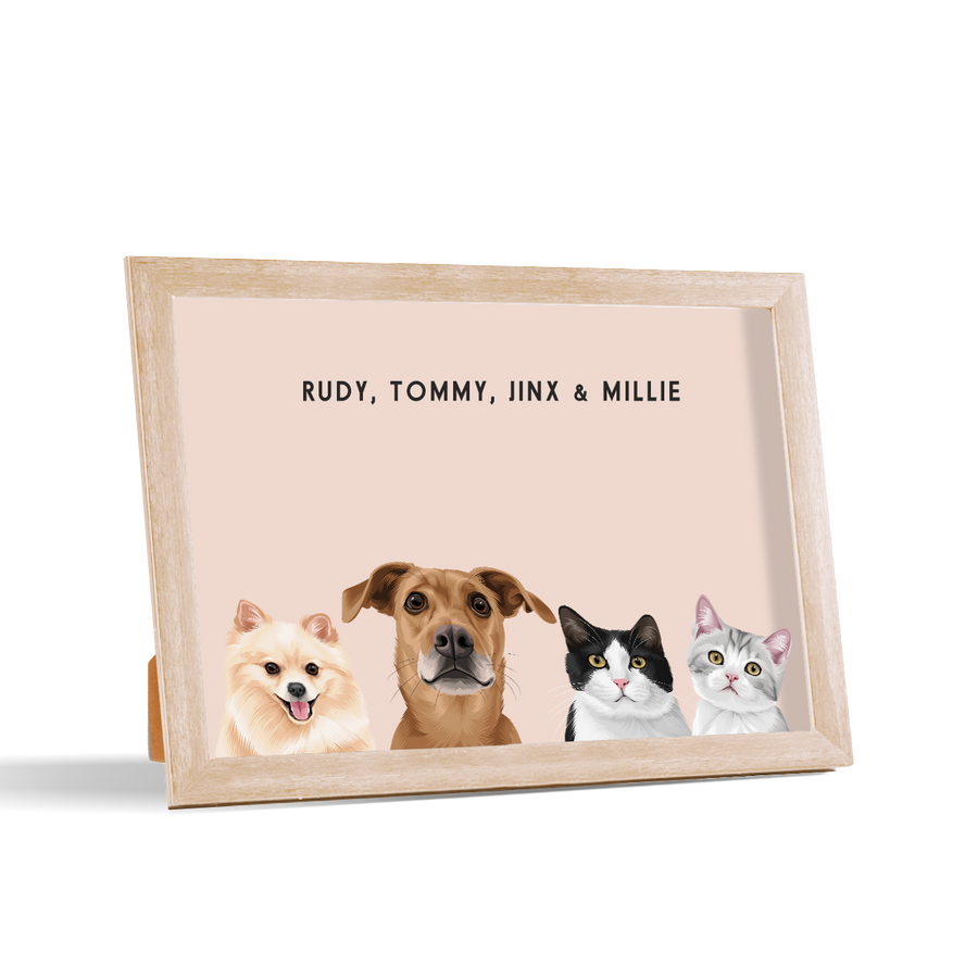 Custom Desktop Four Pet Portrait with birch frame and dusty pink background