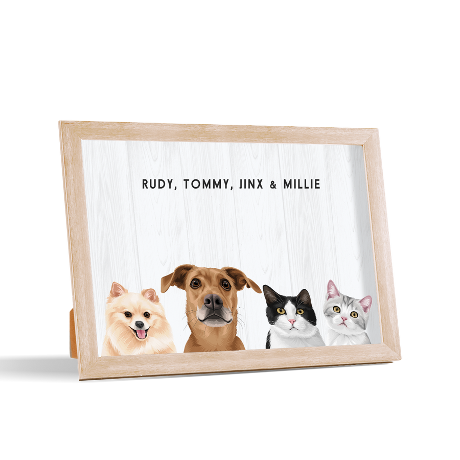 Custom Desktop Four Pet Portrait with birch frame and shiplap background