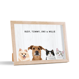 Custom Desktop Four Pet Portrait with birch frame and shiplap background
