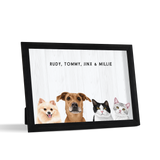 Custom Desktop Four Pet Portrait with black frame and shiplap background