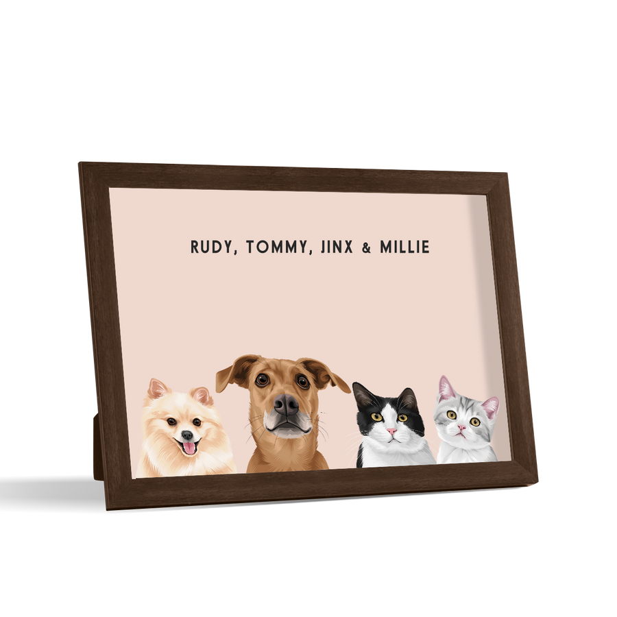 Custom Desktop Four Pet Portrait with walnut frame and dusty pink background