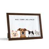 Custom Desktop Four Pet Portrait with walnut frame and shiplap background