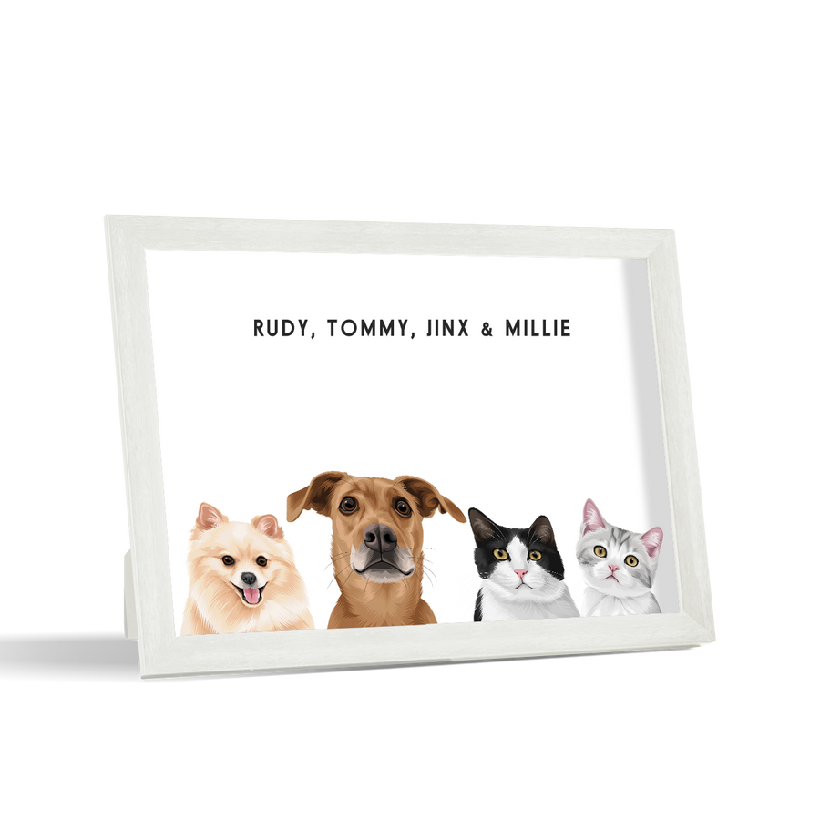 Custom Desktop Four Pet Portrait with white frame