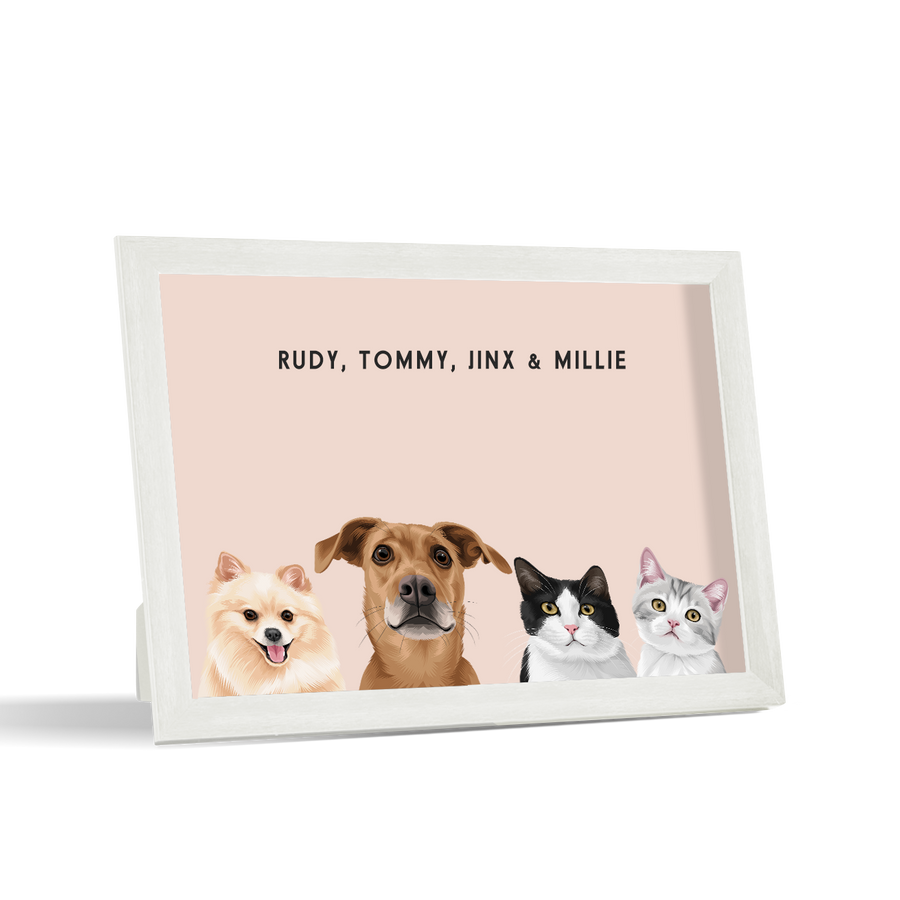 Custom Desktop Four Pet Portrait with white frame and dusty pink background