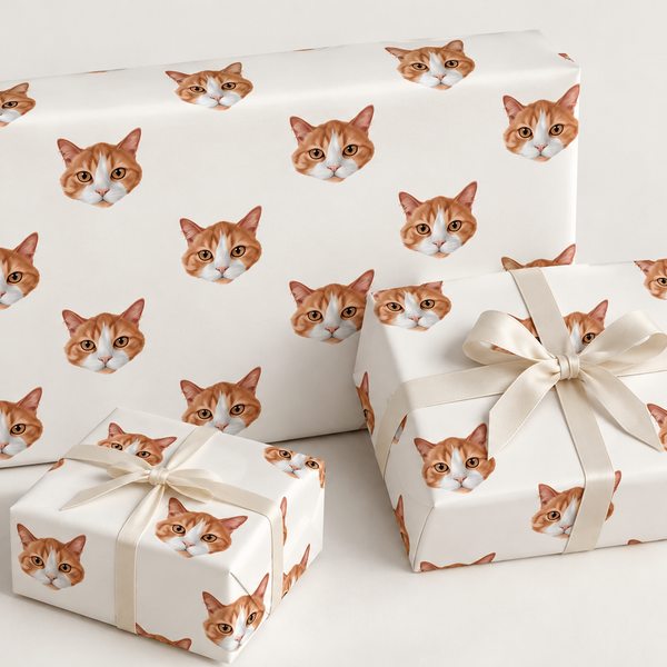 repeating orange and white cat face on three presents with white bows on light grey background