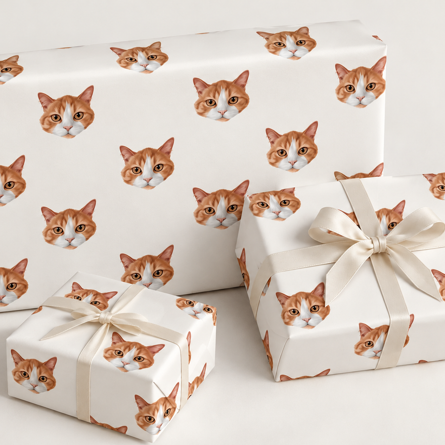 repeating orange and white cat face on three presents with white bows on light grey background