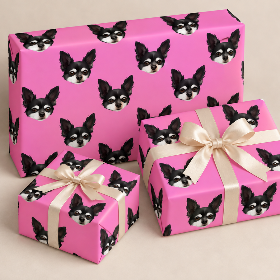 repeating black and white dog face on hot pink background wrapping paper with three presents and cream bow with a light grey background