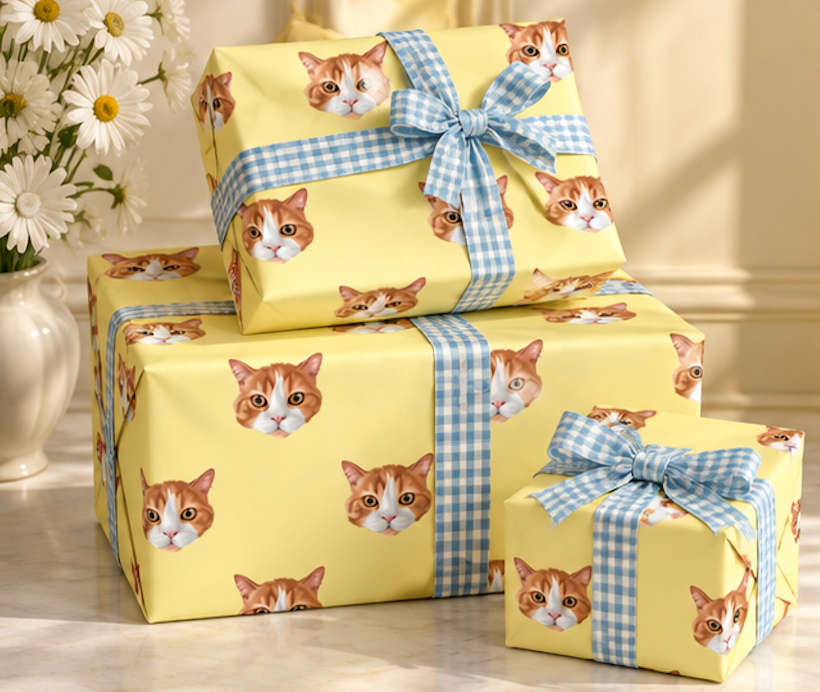 Three wrapped gift boxes stacked on a light marble surface, covered in pale yellow wrapping paper printed with orange-and-white cat faces and tied with blue-and-white gingham ribbons. A vase of white daisies sits to the left, and a cream wall is in the background.