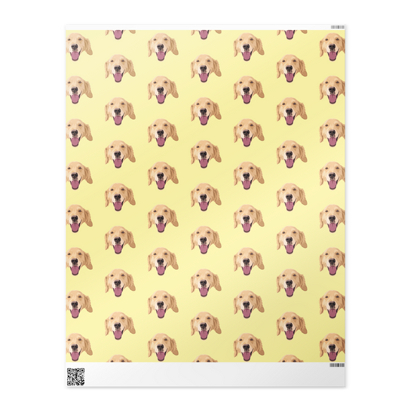 repeating Labrador Retriever dog face on a light yellow background on unfurled wrapping paper on white background