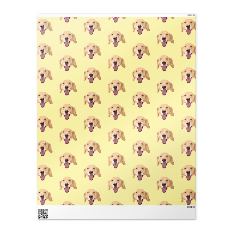 repeating Labrador Retriever dog face on a light yellow background on unfurled wrapping paper on white background