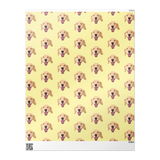 repeating Labrador Retriever dog face on a light yellow background on unfurled wrapping paper on white background